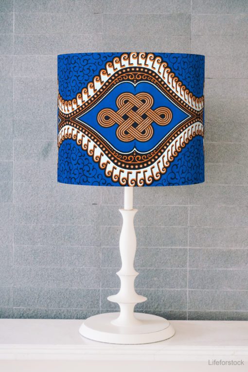 abażur, klosz brązowo-niebieski do lampy stołowej afrykański wzór cylinder